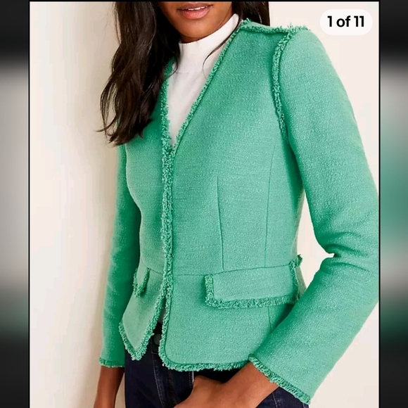 Ann Taylor Fringe Tweed Cardigan Jacket Green Blazer - Picture 1 of 14
